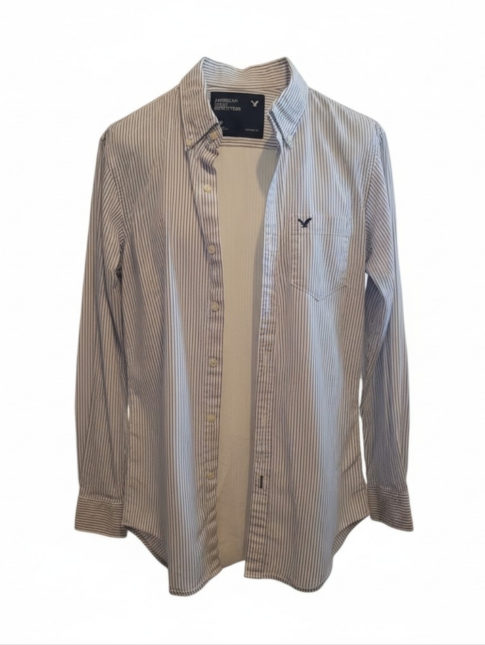 American Eagle Outfitters Men’s White and Blue Pinstripe Button-Down Shirt